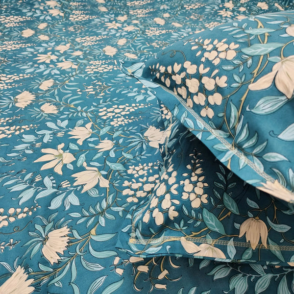 Floral 210 TC Fitted Bedsheet - Peacock Blue BRAVIA