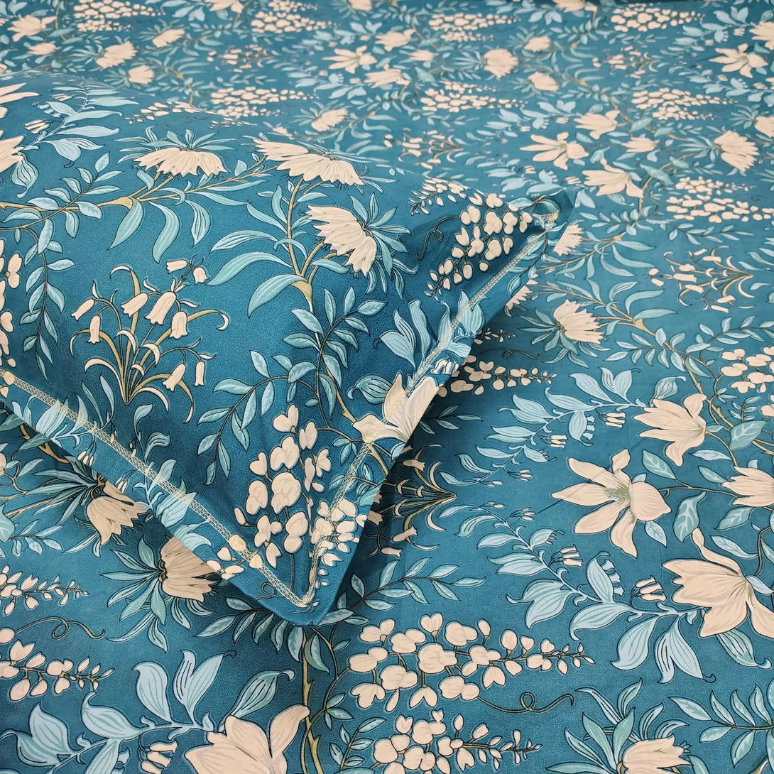 Floral 210 TC Fitted Bedsheet - Peacock Blue BRAVIA