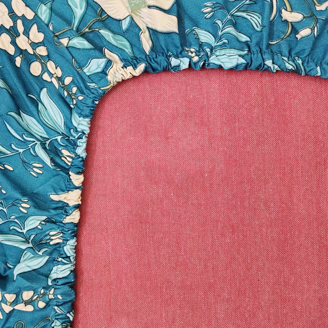 Floral 210 TC Fitted Bedsheet - Peacock Blue BRAVIA