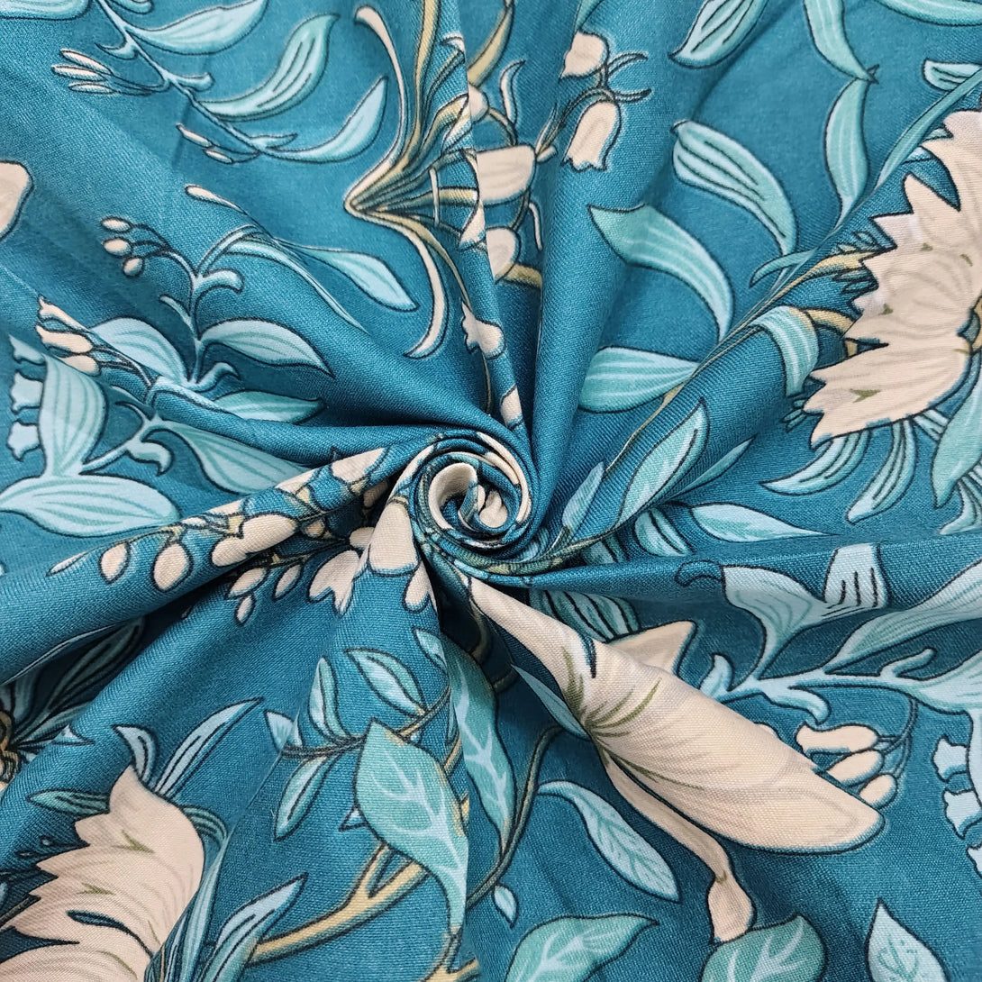 Floral 210 TC Fitted Bedsheet - Peacock Blue BRAVIA