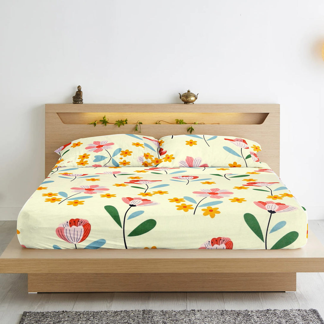 Floral 210 TC Fitted Bedsheet - Multicolor - Braviadecor