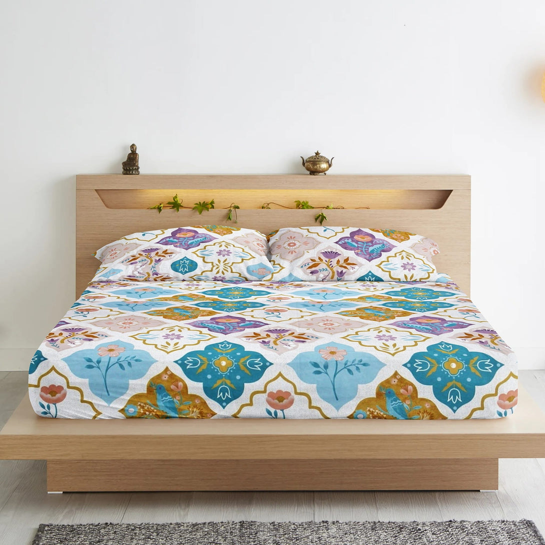 Floral 210 TC Fitted Bedsheet - Multicolor - Braviadecor