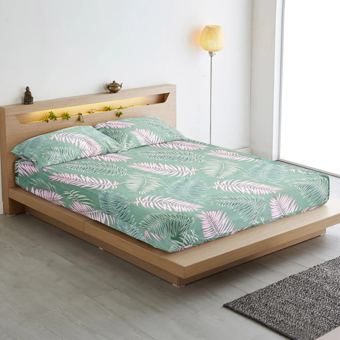 Floral 210 TC Fitted Bedsheet - Green - Braviadecor