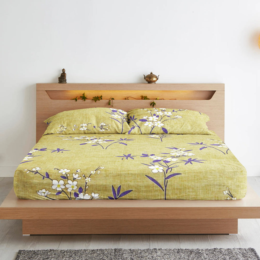 Floral 210 TC Fitted Bedsheet - Olive - Braviadecor