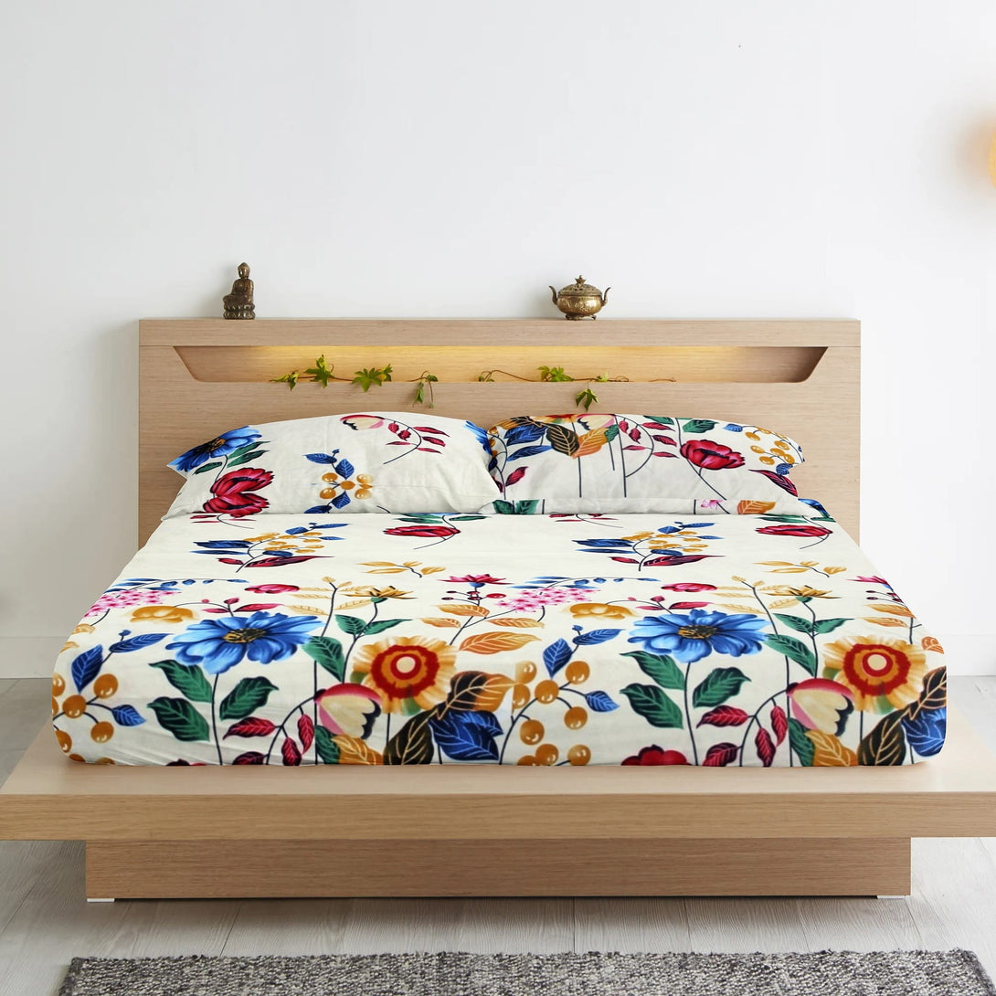 Floral 210 TC Fitted Bedsheet - Multicolor - Braviadecor