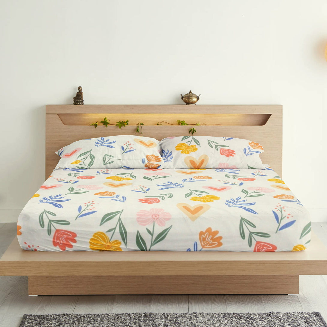 Floral 210 TC Fitted Bedsheet - Multicolor - Braviadecor