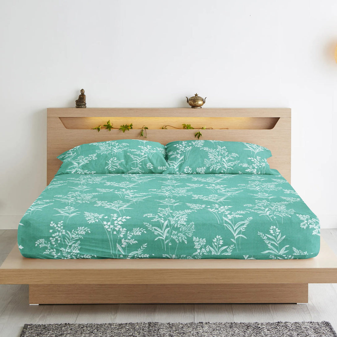 Floral 210 TC Fitted Bedsheet - Green - Braviadecor