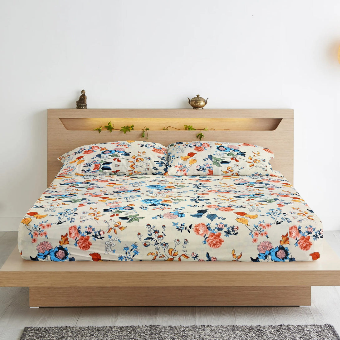 Floral 210 TC Fitted Bedsheet - Multicolor - Braviadecor