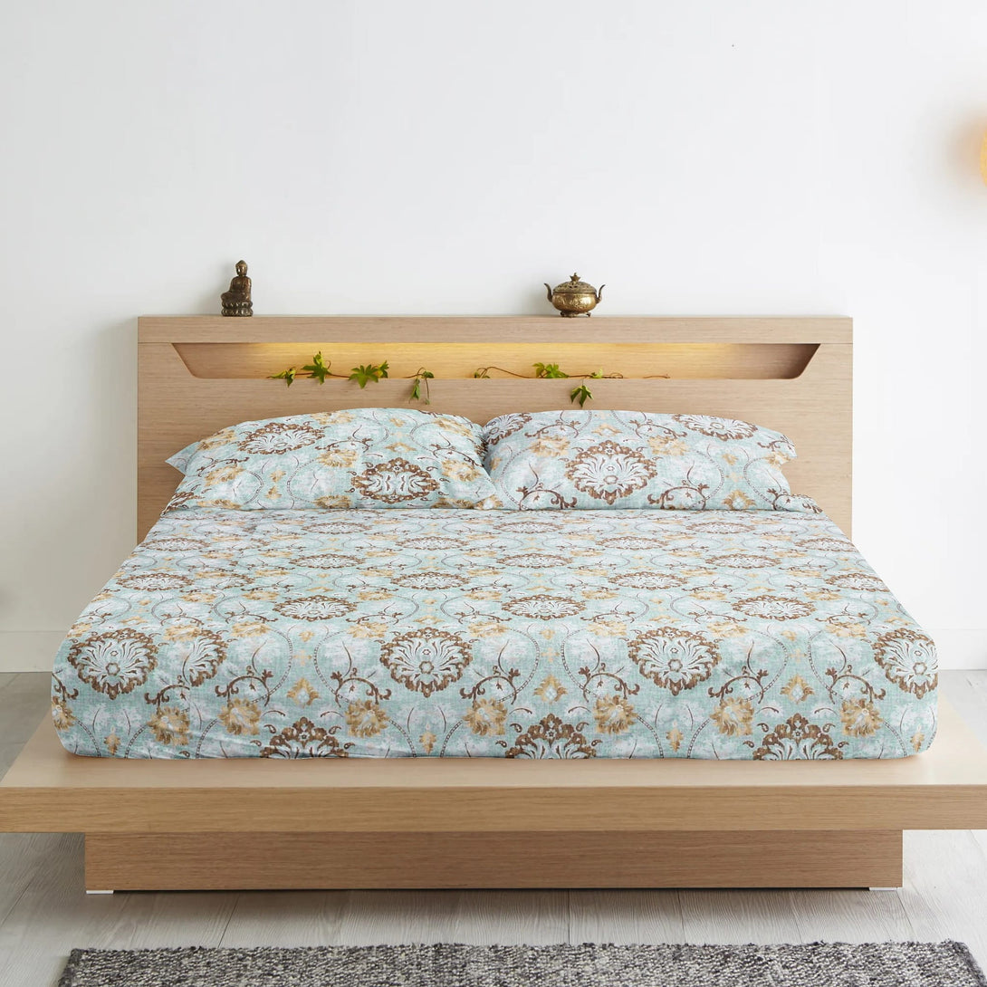 Floral 210 TC Fitted Bedsheet - Blue - Braviadecor