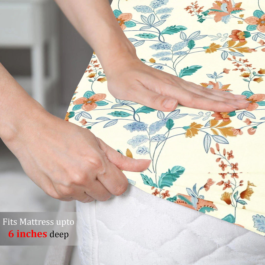 Floral 210 TC Fitted Bedsheet - Multicolor - Braviadecor