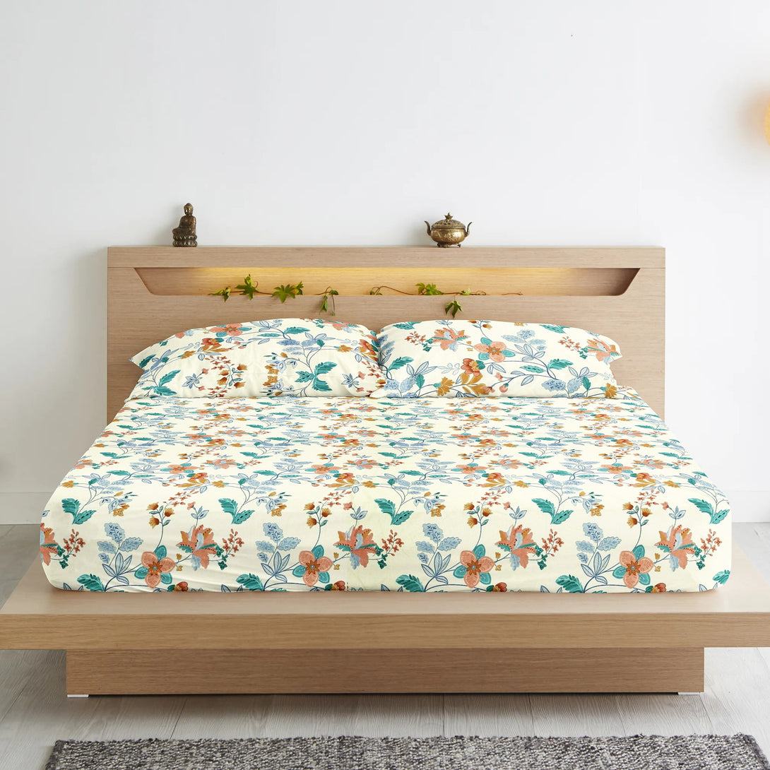 Floral 210 TC Fitted Bedsheet - Multicolor - Braviadecor