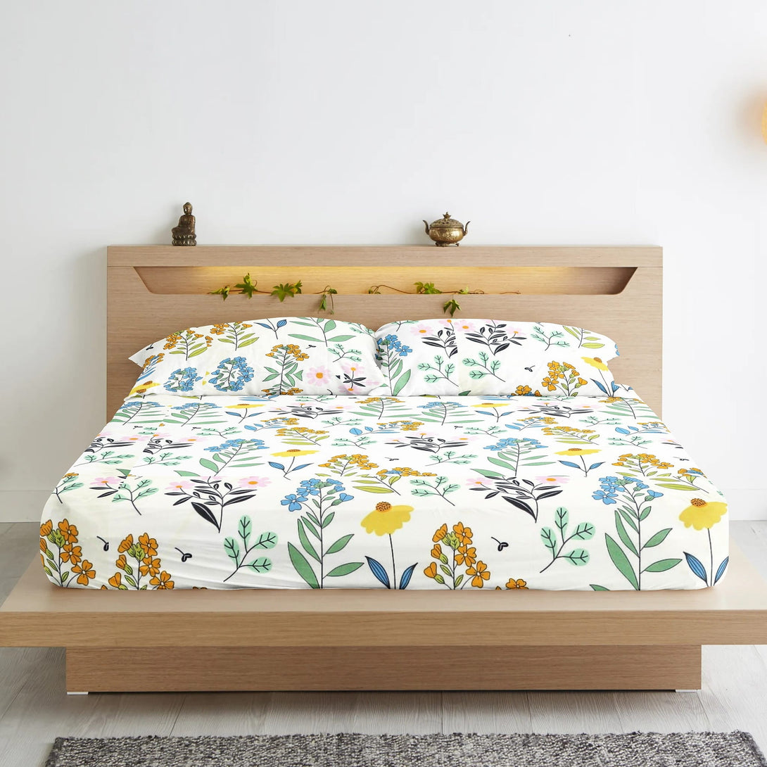 Floral 210 TC Fitted Bedsheet - Multicolor - Braviadecor