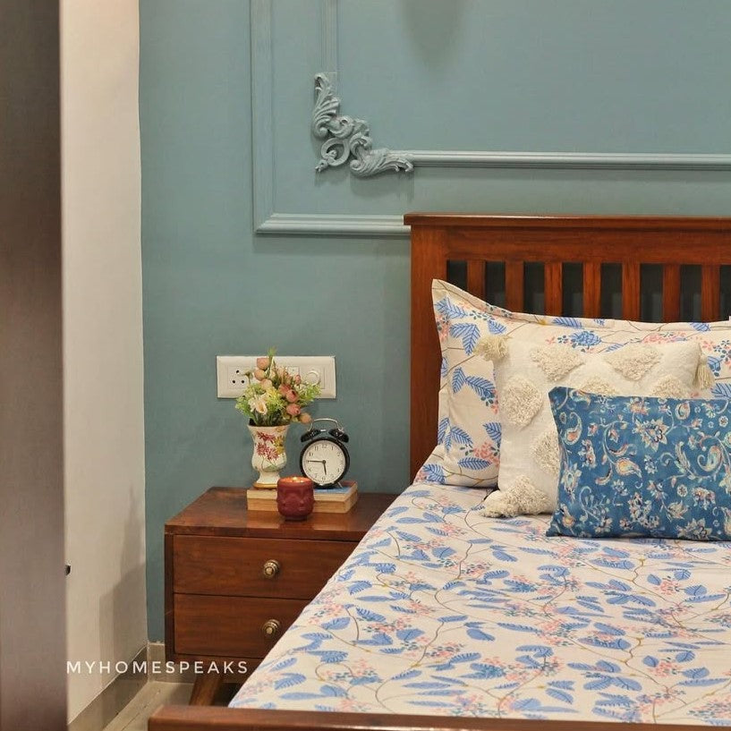 Floral 210 TC Fitted Bedsheet - Blue - Braviadecor