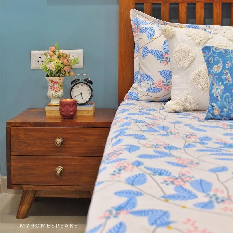 Floral 210 TC Fitted Bedsheet - Blue - Braviadecor