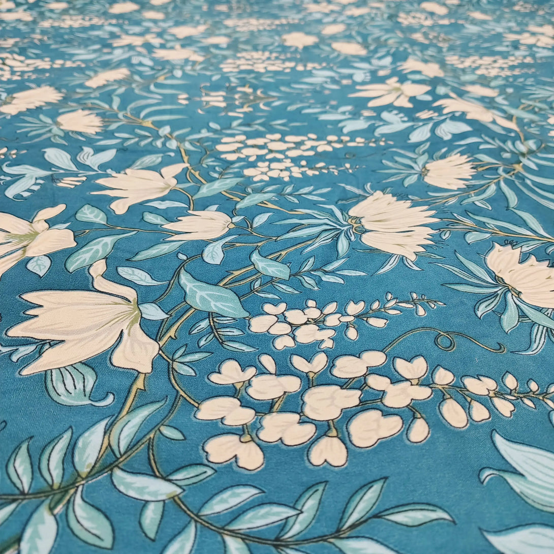 Floral 210 TC Fitted Bedsheet - Peacock Blue BRAVIA