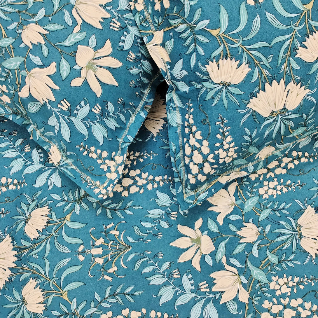 Floral 210 TC Fitted Bedsheet - Peacock Blue BRAVIA