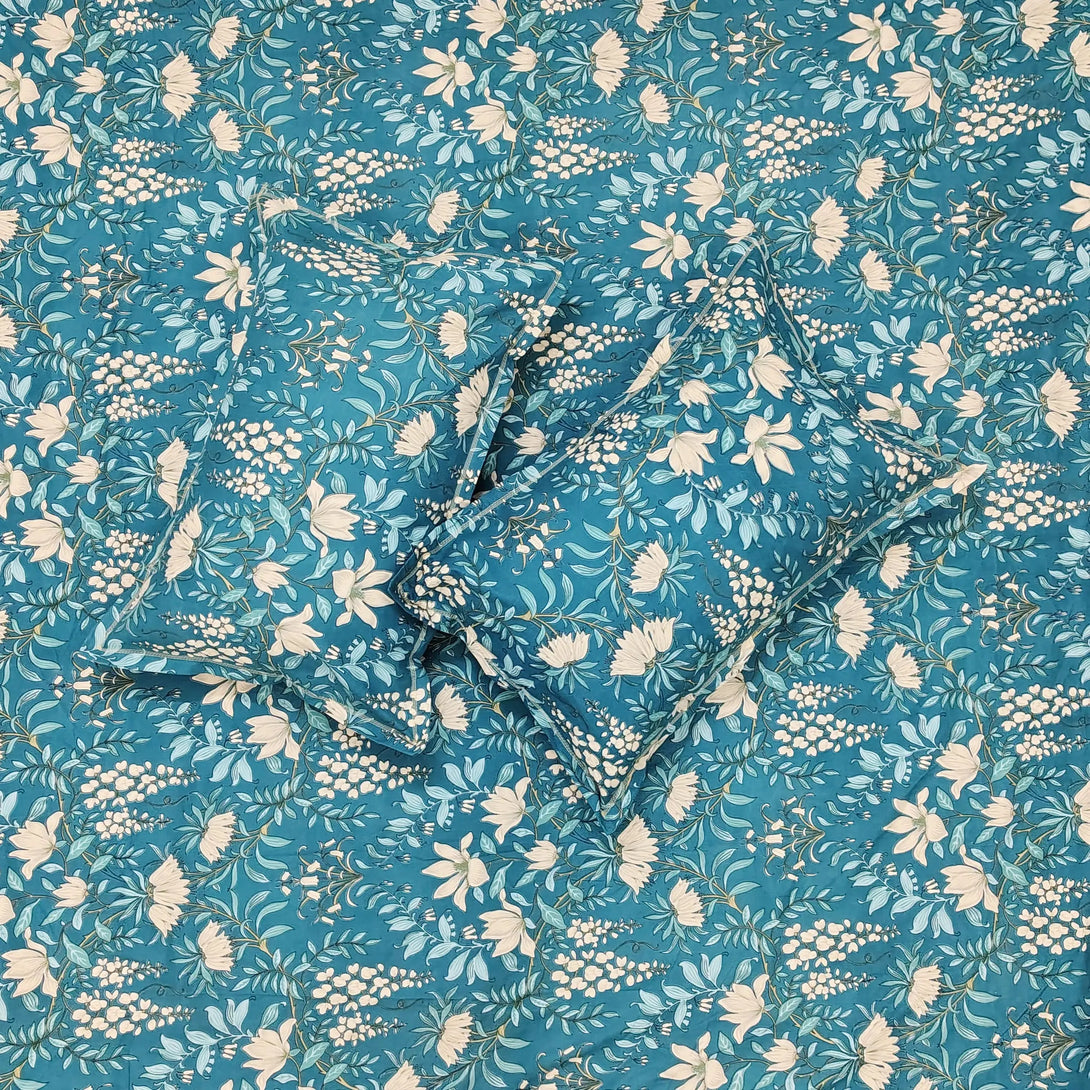 Floral 210 TC Fitted Bedsheet - Peacock Blue BRAVIA